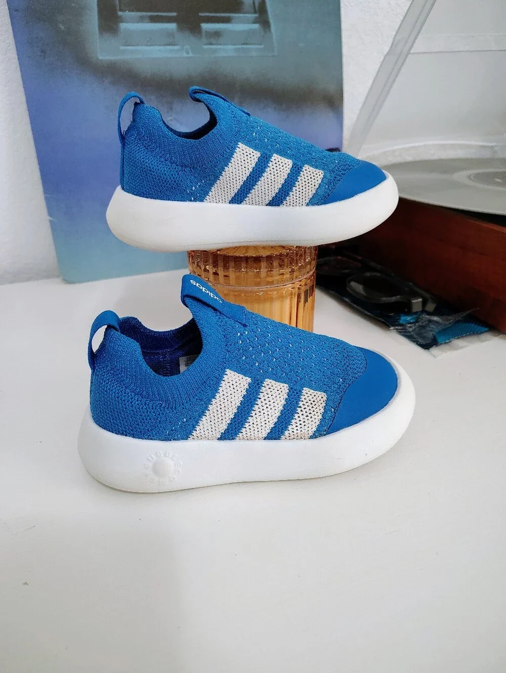 ADIDAS Bubblecomfy Blue Slip-On Knit Sneakers Bright Royal / Cloud White Size 9k - Picture 3 of 8